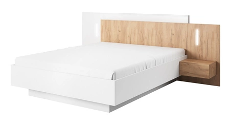 Space Bett 160x200 cm mit Bettzeug Container und Nachttische weiß / Eiche Handwerk goldenen Kopfteil mit LED-Beleuchtung bereichert