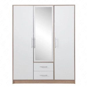 Kleiderschrank mit spiegel Caspe 150 cm Eiche hell sonoma / weiß modernes Design ABS-Finish und Aluminiumgriffe