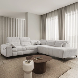 Ecksofa mit Schlaffunktion Penejos IX Esche grau rechts Ecksofa mit Bettzeugcontainer komfortable verstellbare Kopfstützen