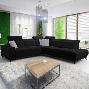 Ecksofa mit Schlaffunktion Kelly Sleek IX schwarz rechts elegantes Ecksofa mit bequemen Armlehnen und verstellbaren Kopfstützen