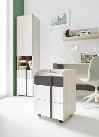 Schreibtisch Remona 130 cm Eiche wilton weiß / weiß / anthrazit mit einem Schrank auf Rollen stilvoll und funktional für das Büro, Arbeitszimmer oder Jugendzimmer