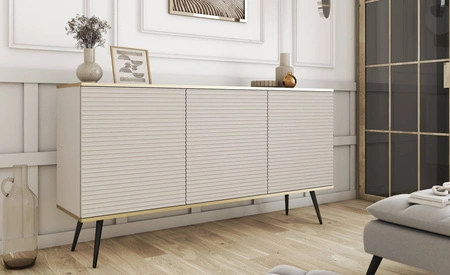 Kommode Luxury 160 cm beige elegantes Design stilvolle geriffelte Fronten Kommode Körper mit goldenen Streifen schwarze Metallbeine gekrönt