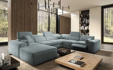 Ecksofa mit Schlaffunktion Viano VIII Lux grau blau links Design-Ecksofa mit ausziehbarem Fußteil Bettzeug-Container