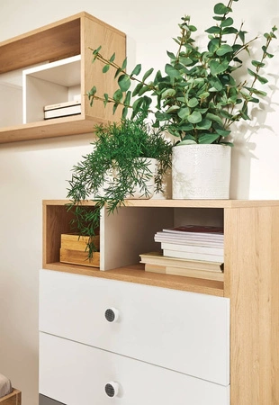 Regal Pixel 105 cm Biskuit Eiche / weiß modernes und praktisches Funktionsmöbel für das Jugendzimmer oder Büro