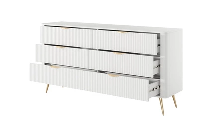 Schubladenkommode Lante 163 cm weiß elegantes Design ovale Form der Kommode auf hohen Beinen geschmackvoll geriffelte Front gesetzt