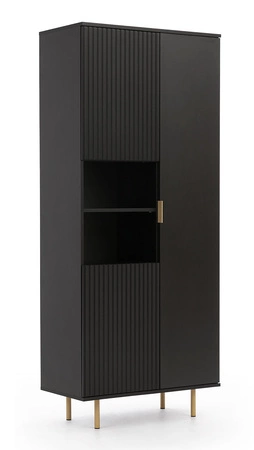 Bücherregal Sula 80 cm schwarz elegantes Design stabil hohe Beine Bücherregal mit Türen für Wohnzimmer geriffelte Front mit push to open System