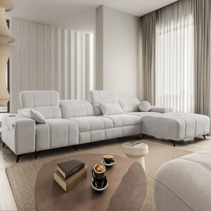 Ecksofa mit Schlaffunktion Penejos XII grau Esche rechts stilvolles Ecksofa mit Bettzeugcontainern komfortable verstellbare Kopfstützen