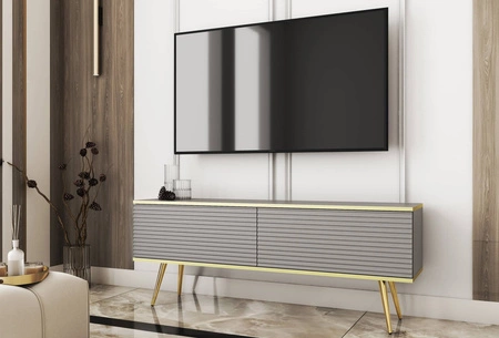 TV-Schrank Luxury 135 cm grau elegantes Design stilvolle geriffelte Front Korpus mit goldenen Zierleisten goldenen Metallbeinen gekrönt
