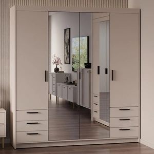 Kleiderschrank Rene 176 cm beige Sand stilvolles Design ABS beendet Rand trimmen Kleiderschrank mit Spiegel für Schlafzimmer oder Ankleidezimmer geräumige Schubladen