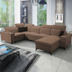 Ecksofa mit Schlaffunktion Kelly Sleek IV hellbraun rechte Ecke Schlafsofa mit Bettzeugkästen Webstoff