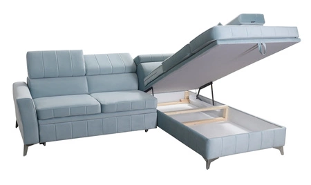 Ecksofa mit Schlaffunktion Rava III azurblauer rechtsseitiger Samt komfortables Ecksofa mit verstellbaren Kopfstützen und Bettzeugcontainer