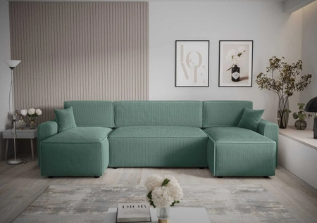 Ecksofa mit Schlaffunktion Brandon U Bis patinierter Bettkasten dreidimensionaler Stoff mit ausdrucksvollen Streifen weiche Armlehnen