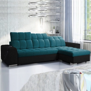 Ecksofa mit Schlaffunktion Luigi türkis/schwarz rechtes Ecksofa mit zwei Bettkästen Stoff mit interessanter Struktur