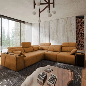 Ecksofa mit Schlaffunktion Tesalia III honey rechts komfortables Ecksofa mit verschiebbarer Rückenlehne zwei Container für Bettzeug