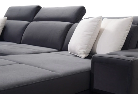 Ecksofa mit Schlaffunktion Elgin türkis / weiß rechtes Ecksofa mit verstellbaren Kopfstützen praktische Schubladen in den Möbelseiten