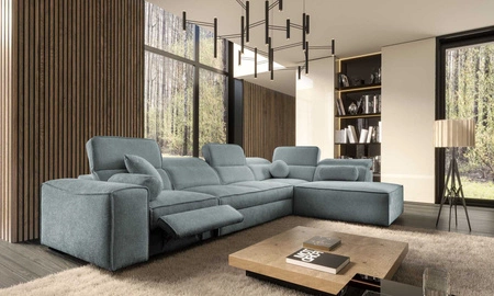 Ecksofa mit Schlaffunktion Viano XI Lux grau blau rechts Design-Ecksofa mit ausziehbarem Fußteil und Bettzeugstaufach