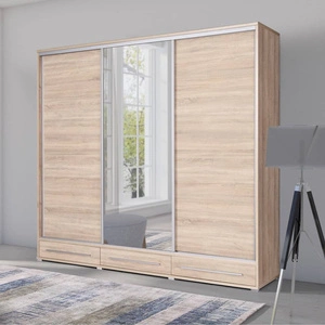 Schiebeschrank Hajfa 255 cm Eiche sonoma moderner Design-Schrank mit Spiegel Korpus aus 22 mm starker Platte
