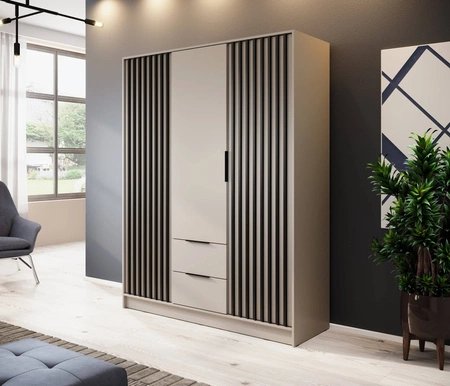 Kleiderschrank Aspen 155 cm Beige / Schwarze Lamellen modernes Design Schranktüren mit dekorativen Lamellen