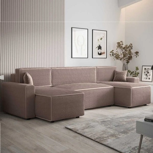 Ecksofa mit Schlaffunktion Brandon U Bis hellbrauner Bettwäschecontainer dreidimensionaler Stoff mit ausdrucksvollen Streifen weiche Armlehnen