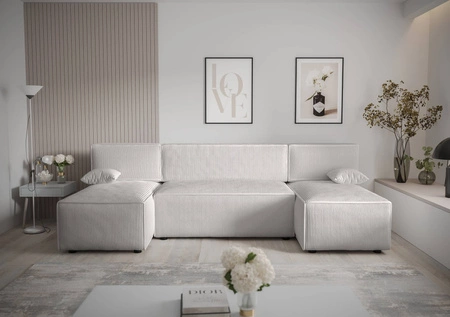 Ecksofa mit Schlaffunktion Brandon U elfenbeinfarbener Bettkasten dreidimensionaler Stoff mit ausdrucksstarken Streifen