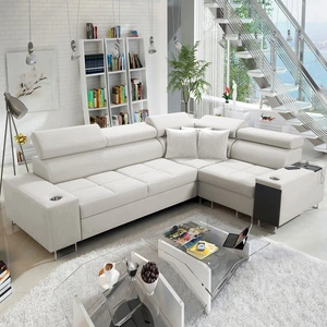 Ecksofa mit Schlaffunktion Dafni II elfenbeinfarbenes rechtsseitiges Ecksofa aus Samt mit Bettzeugstauraum und Vollauszug