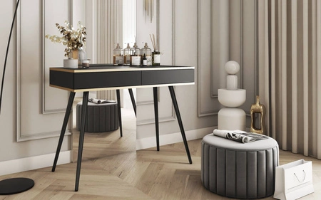 Luxuriöse schwarze Konsole mit Schubladen stilvolle und elegante Schminktisch auf hohen Metallbeinen Körper mit goldenen trim gekrönt unterstützt