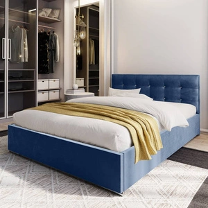 Mona Polsterbett 180x200 blau mit Staukasten im modernen skandinavischen Stil mit gestepptem Kopfteil mit Kristallen