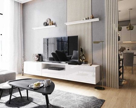 Ekali 258 cm weiß / weiß glänzend Wandschrank RTV mit Einlegeböden elegantes und stilvolles Design, das zu jeder Einrichtung passt