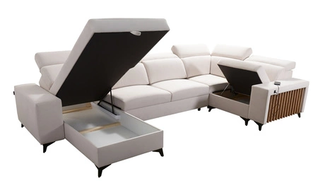 Ecksofa mit Schlaffunktion Kelly IV arctic blue links geflochtenes bequemes Ecksofa verstellbare Kopfstützen seitlich mit Latten verkleidet