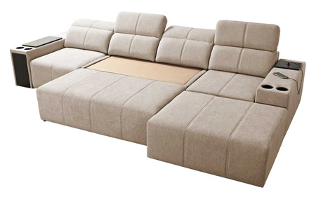 Ecksofa mit Schlaffunktion Tesalia XII grün rechte Seite modernes Design komfortable Schiebelehne Schublade in der Seite des Möbels
