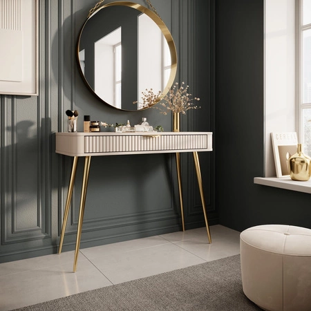 Lante Konsole beige mit Schublade stilvolle und funktionelle Schminktisch geschwungene Form geriffelte Front Gold Zubehör