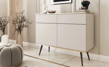 Schubladenkommode Luxury 107 cm beige modernes Design Wohnzimmer Kommode Körper mit Gold trim schwarzen Metallbeinen gekrönt