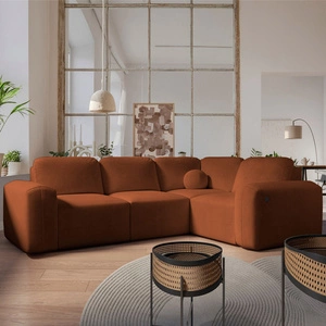 Ecksofa mit Schlaffunktion Arbon II ziegelrot rechte Ecke stilvolles Design markante runde Form Behälter für Bettzeug