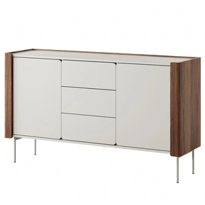 Kommode Tantuni 141 cm warmia Nussbaum / beige elegante Kommode mit einer abgerundeten Form auf einem Metallsockel unterstützt