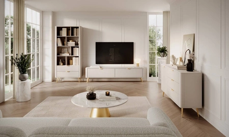Lante Möbelset beige Design-Riffelung auf Möbelfronten Metallkantengriffe und hohe schräge Beine