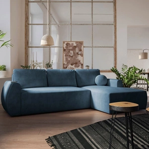 Ecksofa mit Schlaffunktion Colio blau rechte Seite stilvolles Ecksofa mit interessanter Form Veloursstoff Zierkissen Ball