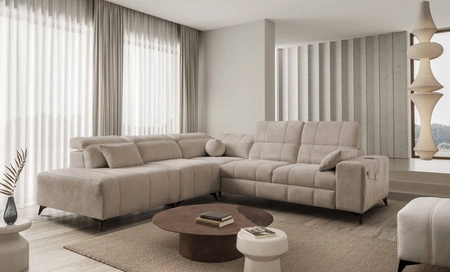 Ecksofa mit Schlaffunktion Penejos IX dunkelbeige linke Seite stilvolles Ecksofa mit Bettzeugcontainer komfortable verstellbare Kopfstützen