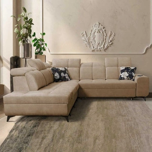 Ecksofa mit Schlaffunktion Buffalo IX dunkelbeige linke Seite stilvolles Ecksofa für Zimmer aus Velourstoff Zierkissen