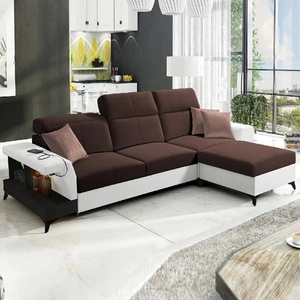 Ecksofa mit Schlaffunktion Bresso braun/weiß rechte Seite stilvolles Ecksofa mit praktischer Ablage in schwarz verstellbare Kopfstützen
