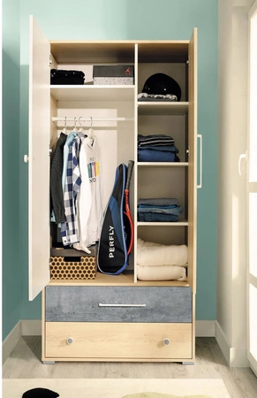 Kleiderschrank Cary 90 cm Biskuit Eiche / Weiß / Beton ideal für das Jugendzimmer funktionaler Kleiderschrank mit Schubladen