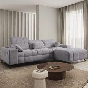 Ecksofa mit Schlaffunktion Penejos hellgrau rechts elegantes Ecksofa mit Bettzeugablage bequem verstellbare Kopfstützen