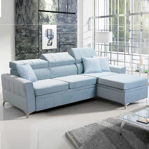 Ecksofa mit Schlaffunktion Rava blau rechts Samt komfortables und funktionelles Ecksofa mit verstellbaren Kopfstützen