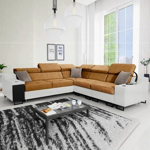 Ecksofa mit Schlaffunktion Alcamo III honig/weiß rechts funktionelles Ecksofa mit einer Schublade in der Seite zwei Behälter für Bettzeug