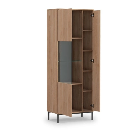 Vitrine Tutti 70 cm weiß stilvolles Design sichere Vitrine aus gehärtetem Glas auf hohen Metallbeinen Push-to-Open-System unterstützt