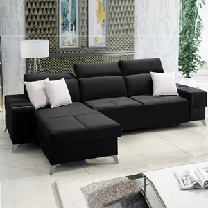 Ecksofa mit Schlaffunktion Elgin schwarz links Ecksofa mit verstellbaren Kopfstützen praktische Schubladen in den Seiten des Möbels
