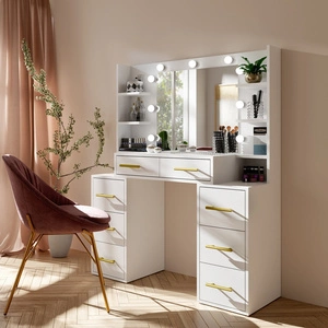 Schminktisch Adel 110 cm weiß mit LED-Beleuchtung Schminktisch mit Spiegel im Glamour-Stil geräumige Schubladen Metallgriffe