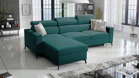 Ecksofa mit Schlaffunktion Savona türkis links komfortables und elegantes Ecksofa mit verstellbaren Kopfstützen Ziernähte 