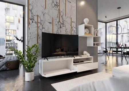 Mesini weiß / weiß glänzend moderne Wohnwand mit praktischem Push-to-Open-Schubladensystem