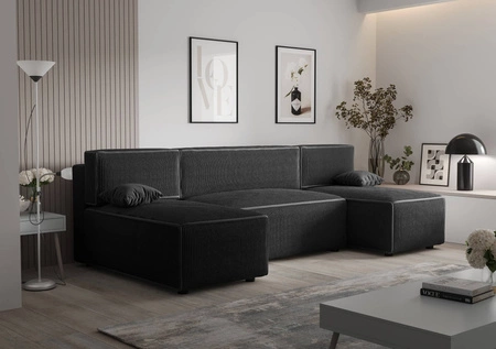 Ecksofa mit Schlaffunktion Brandon U schwarzer Bettzeugcontainer dreidimensionaler Stoff mit ausdrucksstarken Streifen