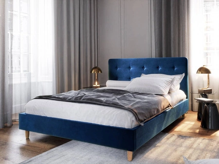 Polsterbett Noiro 140x200 navy blau mit Stauraum im modernen skandinavischen Stil mit markantem Kopfteil